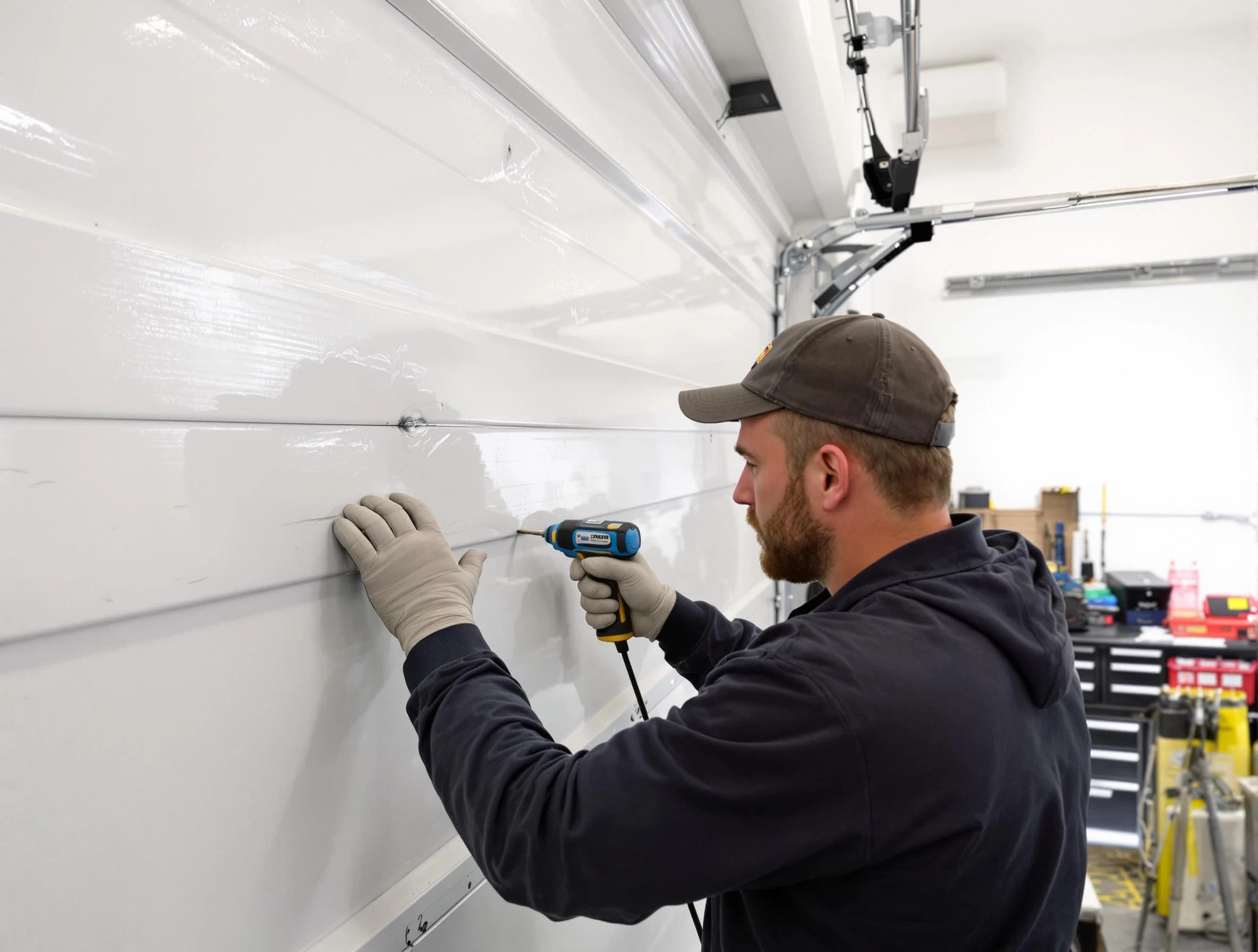 Milton Garage Door Repair technician demonstrating precision dent removal techniques on a Milton garage door
